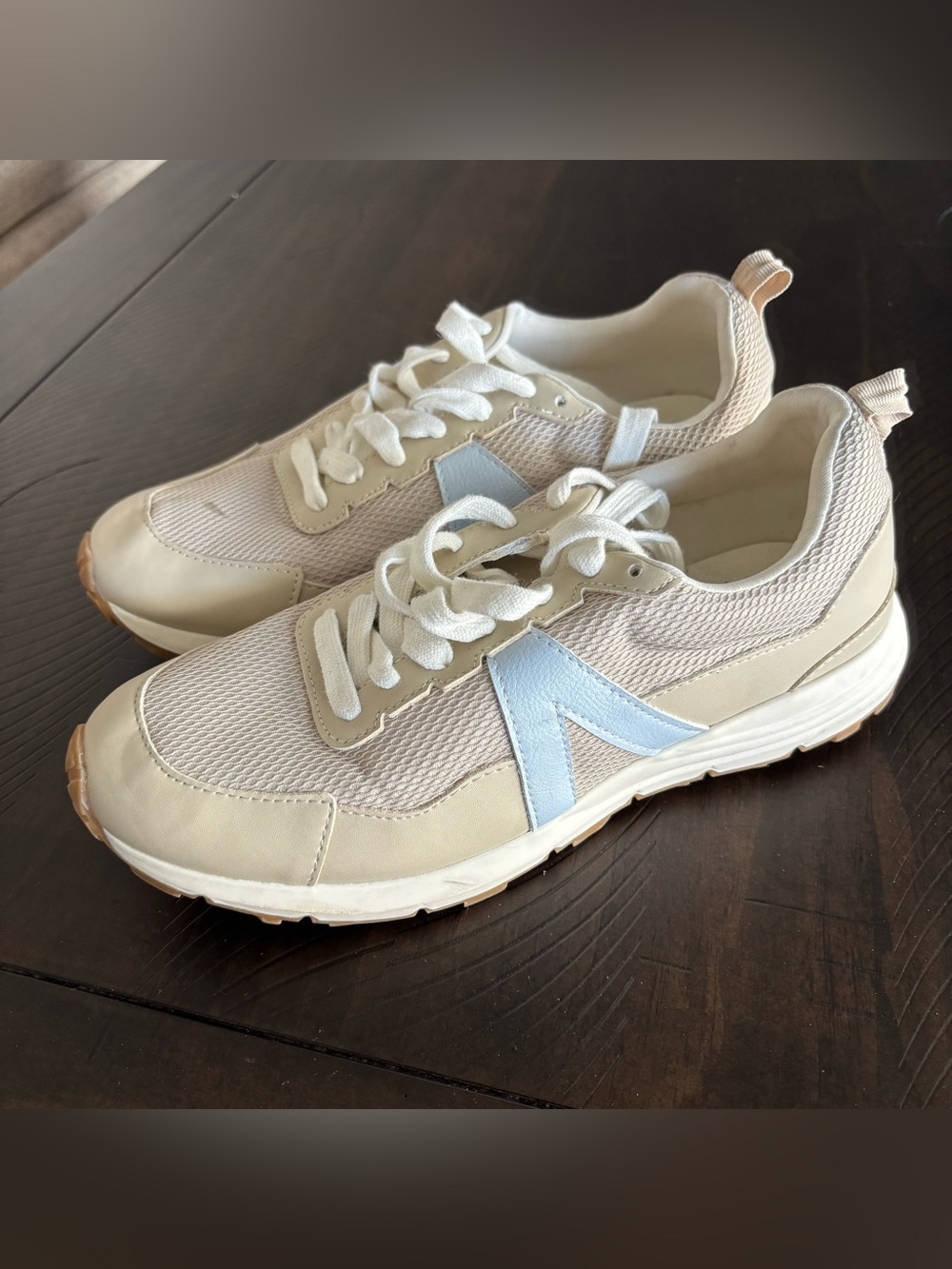Women's Neutral Runner Sneakers with Light Blue Accent